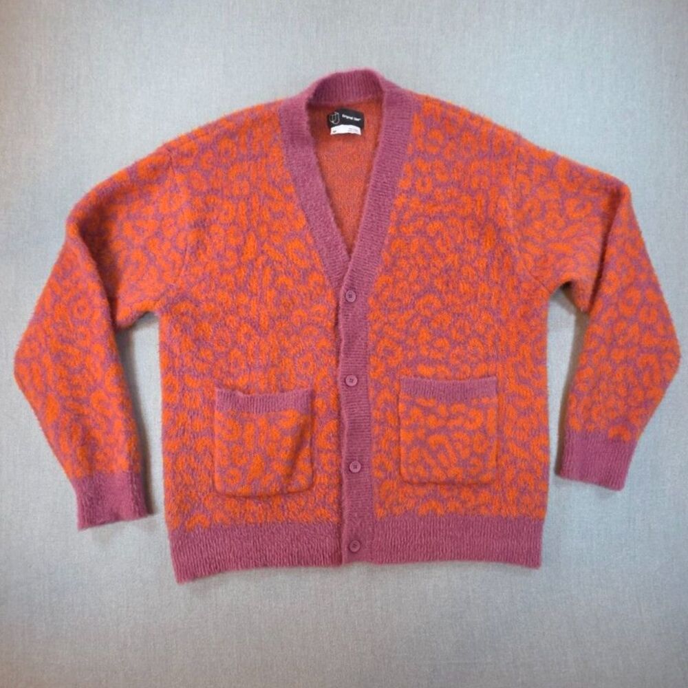 Original Use Unisex M Oversized Cardigan Berry Orange Leopard Animal Print Fuzzy